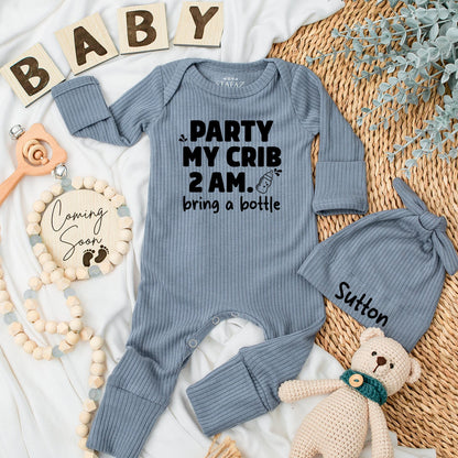 Party At My Crib Bodysuit: Funny 2 AM Baby Outfit, Bring a Bottle! Humorous Newborn Clothes, Cute Shower Gift, Modern Baby Clothes, Black Ink Design (137 chars)