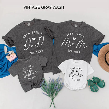Matching Family Shirts: Custom Established 2025 Baby Announcement Outfit Set, New Baby Arrival Gift, Personalized Clothes for Mom, Dad & Baby