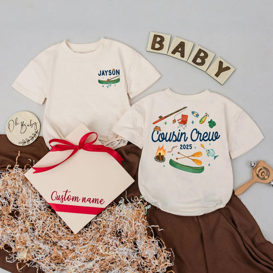 Personalized Cousin Crew Bubble Romper Camping Themed Baby Bodysuit Kids T-shirt Outfit 2025 Family Shower Gift for Infant