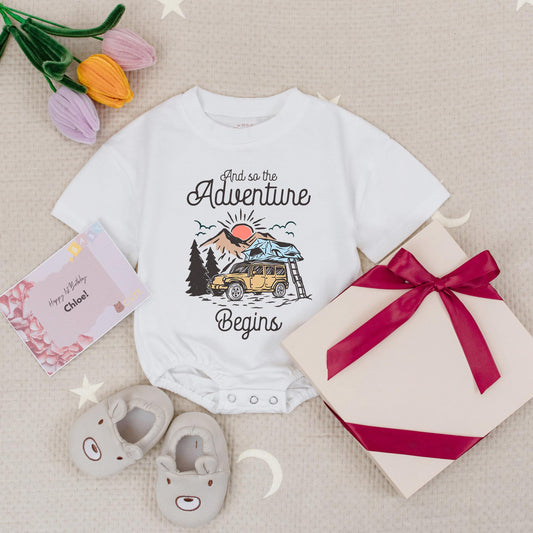 Adventure Begins Baby Romper Retro Camping Bodysuit Cute Off-Road Vehicle Design Vintage Style Babysuit Baby Shower Gift Announcement Natural Gift 138