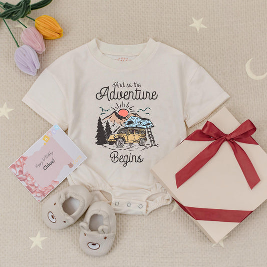 Adventure Begins Baby Romper Retro Camping Bodysuit Cute Off-Road Vehicle Design Vintage Style Babysuit Baby Shower Gift Announcement Natural Gift 138