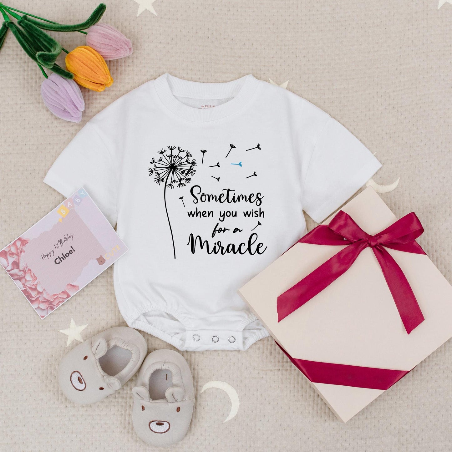 Miracle Twins Dandelion Romper Set, Sometimes You Wish For A Miracle Baby Outfit, Twin Baby Gift Set, Coming Home Outfit for Bestie Twins (138 chars)