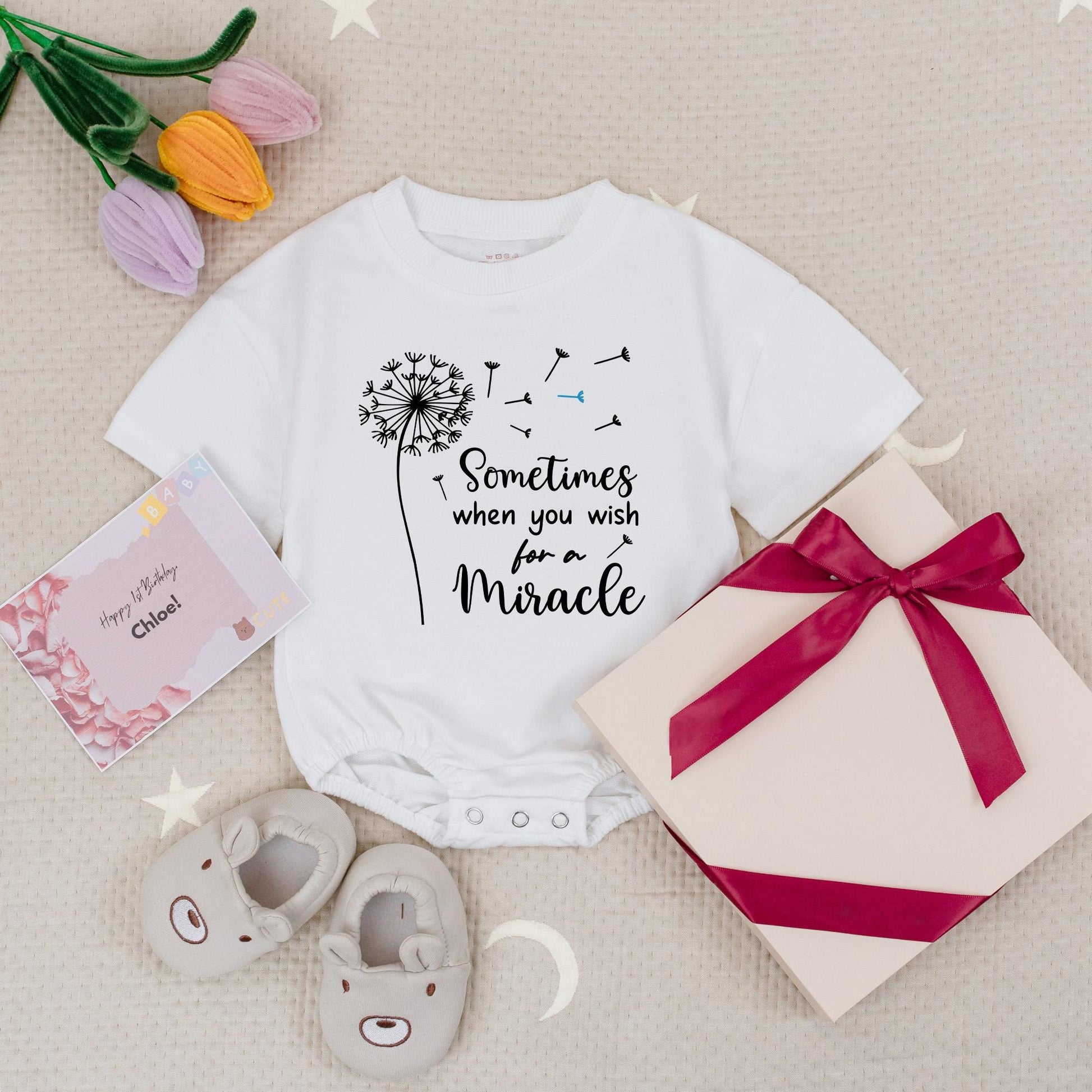 Miracle Twins Dandelion Romper Set, Sometimes You Wish For A Miracle Baby Outfit, Twin Baby Gift Set, Coming Home Outfit for Bestie Twins (138 chars)