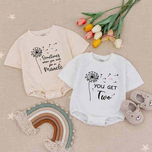 Miracle Twins Dandelion Romper Set, Sometimes You Wish For A Miracle Baby Outfit, Twin Baby Gift Set, Coming Home Outfit for Bestie Twins (138 chars)