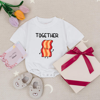 Funny Bacon and Egg Twin Baby Rompers 'Perfect' Egg 'Together' Bacon Smiling Food Matching Bodysuits Soft Cotton Unisex Shower Gift