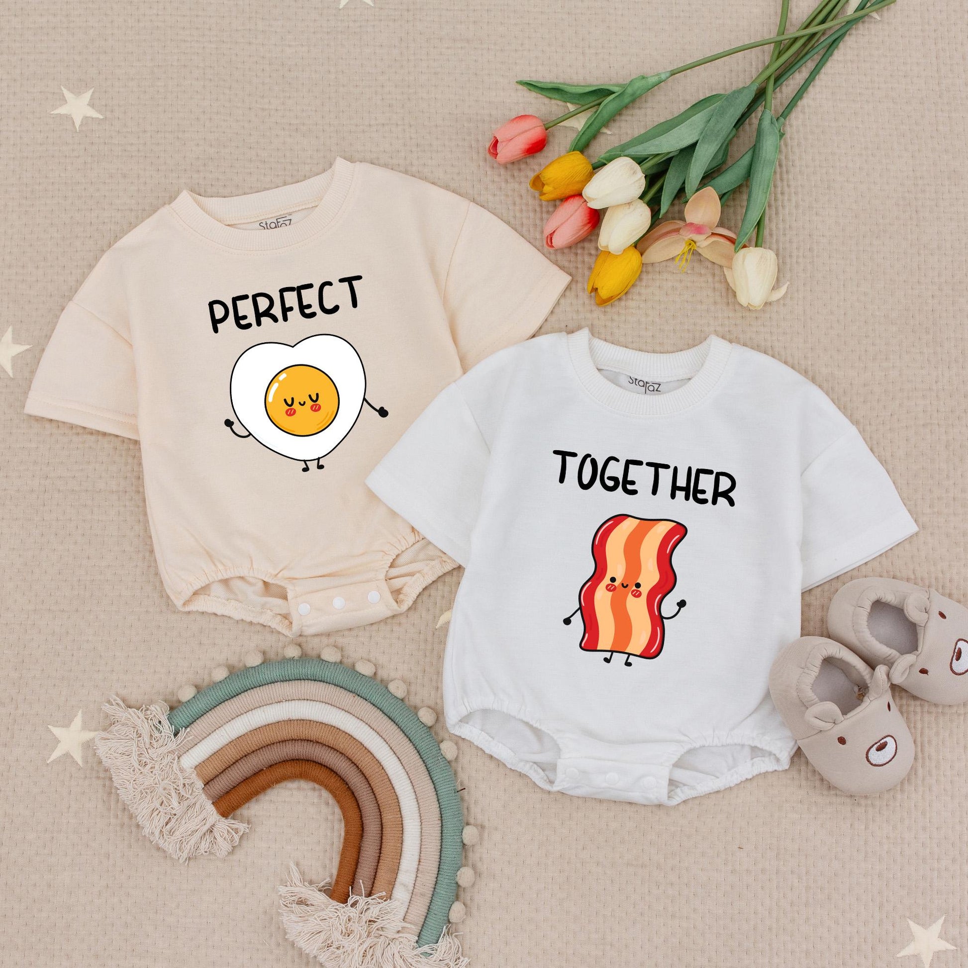 Funny Bacon and Egg Twin Baby Rompers 'Perfect' Egg 'Together' Bacon Smiling Food Matching Bodysuits Soft Cotton Unisex Shower Gift