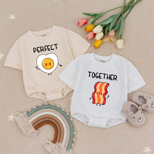 Funny Bacon and Egg Twin Baby Rompers 'Perfect' Egg 'Together' Bacon Smiling Food Matching Bodysuits Soft Cotton Unisex Shower Gift