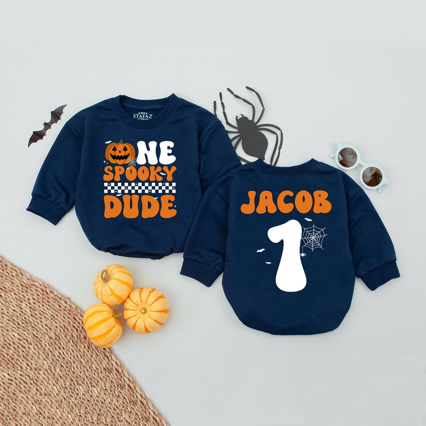 Custom Name Age 1 One Spooky Dude Baby Romper with Jack-o'-Lantern Retro Halloween Design and Checkerboard Detail, Perfect First Birthday Bodysuit Gift