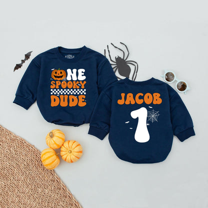 Custom Name Age 1 One Spooky Dude Baby Romper with Jack-o'-Lantern Retro Halloween Design and Checkerboard Detail, Perfect First Birthday Bodysuit Gift