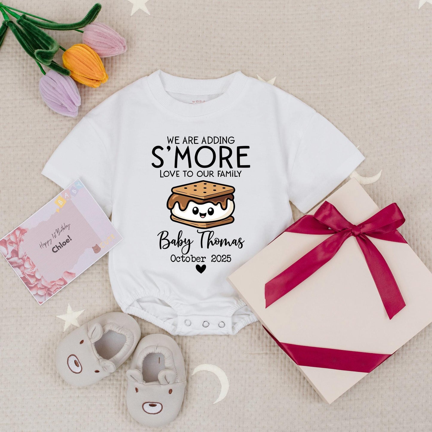 S'more Love Pregnancy Reveal Romper Personalized Baby Thomas October 2025 Babysuit, Adding to Our Family Cute Sibling Announcement Outfit, Girl or Boy (140)