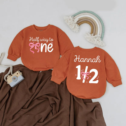 Custom Name Half Way to One Baby Romper, 6 Month Girl Birthday Outfit, Personalized Bodysuit Gift, Half Birthday Baby Shower