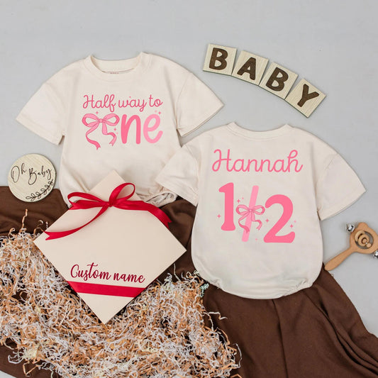 Custom Name Half Way to One Baby Romper, 6 Month Girl Birthday Outfit, Personalized Bodysuit Gift, Half Birthday Baby Shower