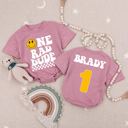 Custom Name One Rad Dude Birthday Romper Boys Retro Groovy Smiley Face & Checkered Outfit First Birthday Gift