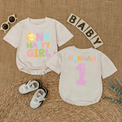 Custom Name One Happy Girl First Birthday Bubble Romper Baby Girl Outfit First Trip Around the Sun Groovy Retro Sunshine Short Sleeve Bodysuit