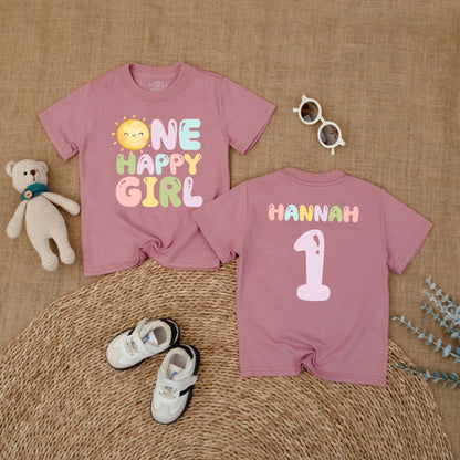 Custom Name One Happy Girl First Birthday Bubble Romper Baby Girl Outfit First Trip Around the Sun Groovy Retro Sunshine Short Sleeve Bodysuit