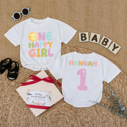 Custom Name One Happy Girl First Birthday Bubble Romper Baby Girl Outfit First Trip Around the Sun Groovy Retro Sunshine Short Sleeve Bodysuit
