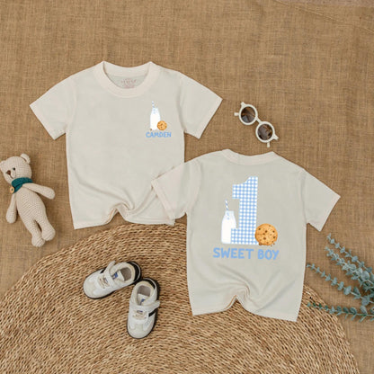Custom Name One Sweet Boy Cookie Bubble Romper First Birthday Baby Boy Outfit Short Sleeves Summer Milk Cookies Party Theme Gift Apparel