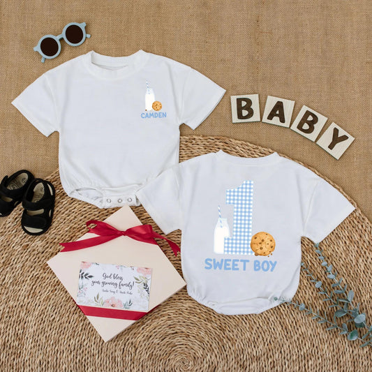 Custom Name One Sweet Boy Cookie Bubble Romper First Birthday Baby Boy Outfit Short Sleeves Summer Milk Cookies Party Theme Gift Apparel