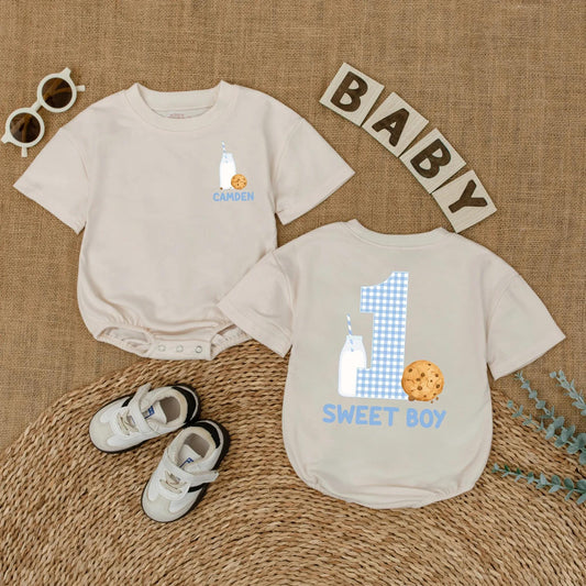Custom Name One Sweet Boy Cookie Bubble Romper First Birthday Baby Boy Outfit Short Sleeves Summer Milk Cookies Party Theme Gift Apparel