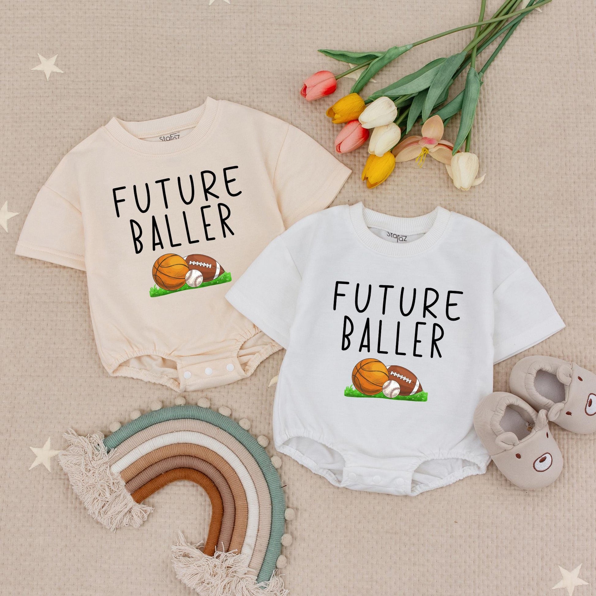 Future Baller Baby Romper: Sports Baby Shower Gift for Boy. Football, Baseball, Basketball Design. Soft Cotton, Comfortable Outfit.