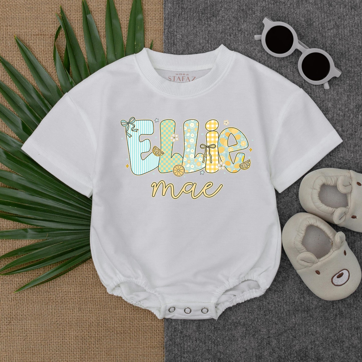 Personalized Lemon T-shirt Bubble Romper for Baby Girl - Custom Name Bodysuit, Floral Outfit Summer Baby Gift, Cute Toddler Clothes