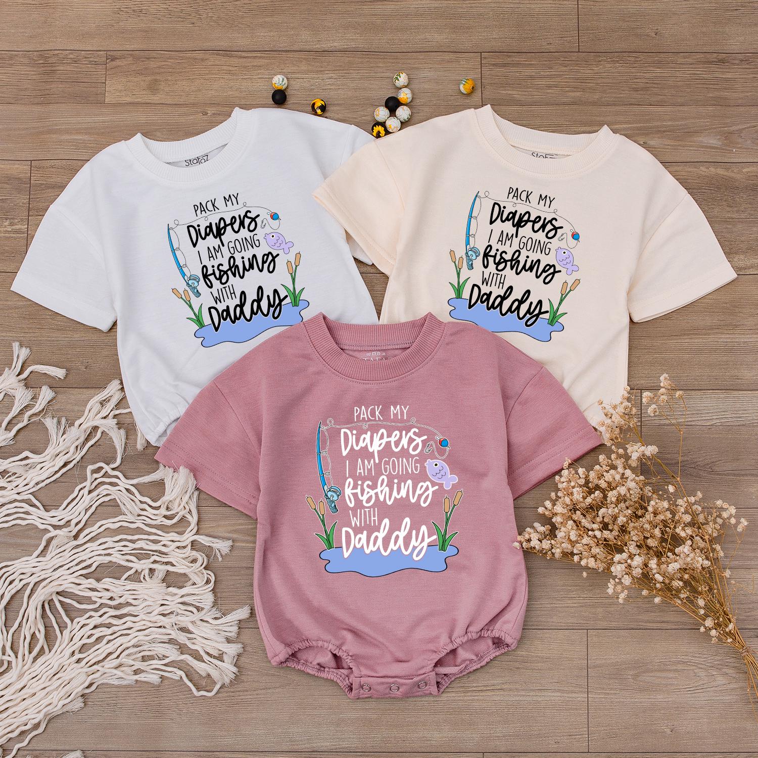 Pack My Diapers I Am Going Fishing With Daddy Romper Cute Baby Clothes Fishing Pole Fish Cattails Water Design Fun Cartoon Style Newborn Gift