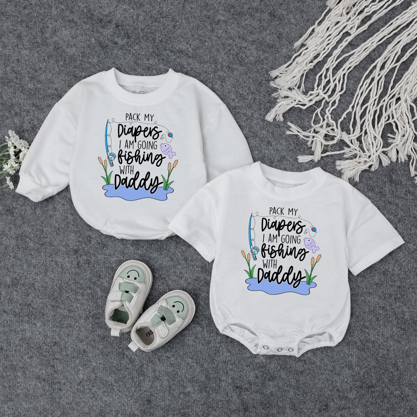 Pack My Diapers I Am Going Fishing With Daddy Romper Cute Baby Clothes Fishing Pole Fish Cattails Water Design Fun Cartoon Style Newborn Gift
