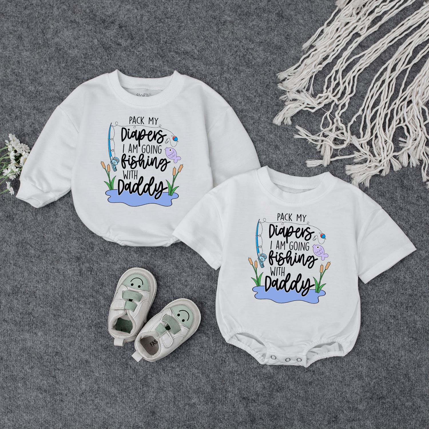 Pack My Diapers I Am Going Fishing With Daddy Romper Cute Baby Clothes Fishing Pole Fish Cattails Water Design Fun Cartoon Style Newborn Gift