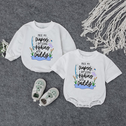 Pack My Diapers I Am Going Fishing With Daddy Romper Cute Baby Clothes Fishing Pole Fish Cattails Water Design Fun Cartoon Style Newborn Gift