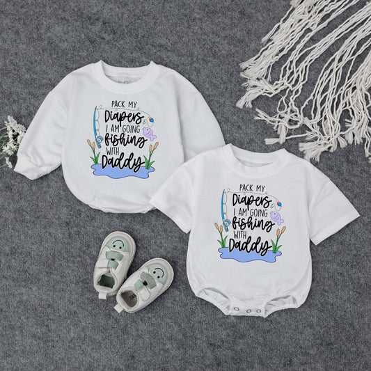 Pack My Diapers I Am Going Fishing With Daddy Romper Cute Baby Clothes Fishing Pole Fish Cattails Water Design Fun Cartoon Style Newborn Gift