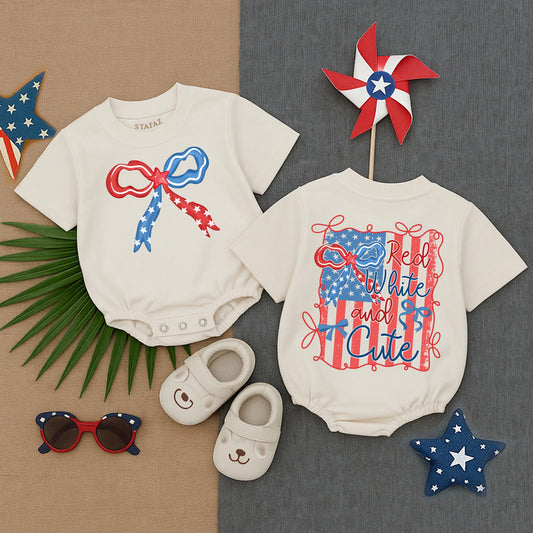 Red White Cute Bubble Romper USA Toddler Baby Outfit First Birthday Memorial Day Trendy Short Sleeve American Flag Baby Shower Gift