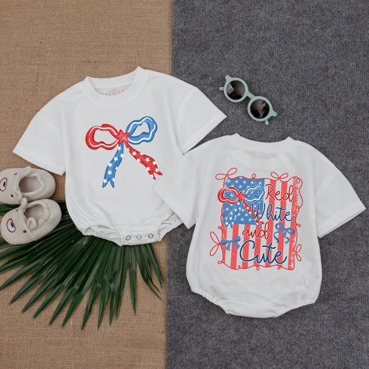 Red White Cute Bubble Romper USA Toddler Baby Outfit First Birthday Memorial Day Trendy Short Sleeve American Flag Baby Shower Gift