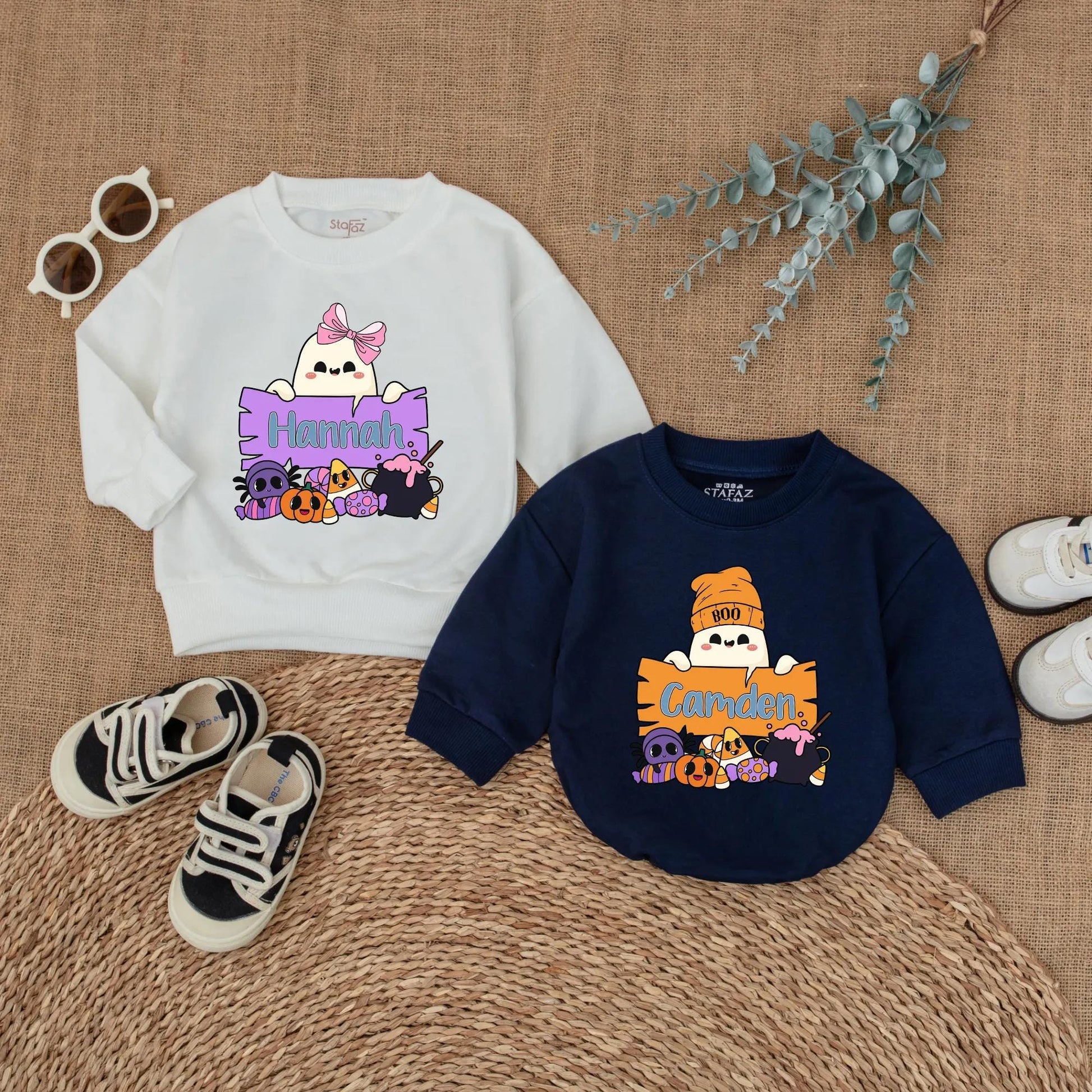 Personalized Boo Halloween Matching Shirts for Kids, Custom Name Ghost Sweatshirt, Cute Toddler Outfit, Boy Girl Gift