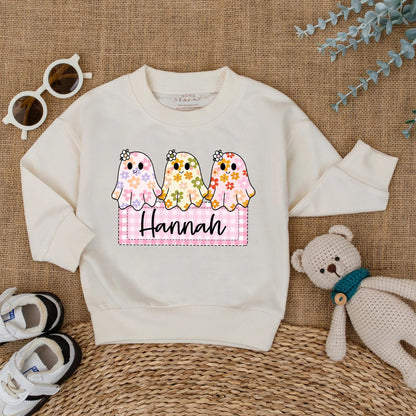 Personalized Baby Girl Halloween Ghost Romper Custom Name Cute Floral Boo Outfit Fall Bodysuit First Halloween Baby Gift