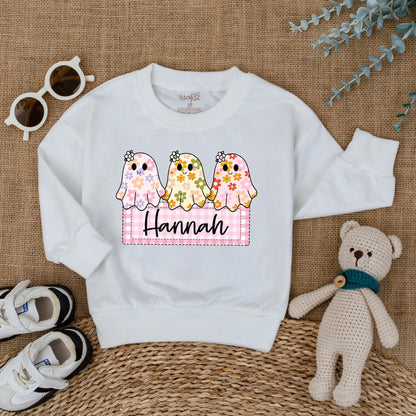 Personalized Baby Girl Halloween Ghost Romper Custom Name Cute Floral Boo Outfit Fall Bodysuit First Halloween Baby Gift