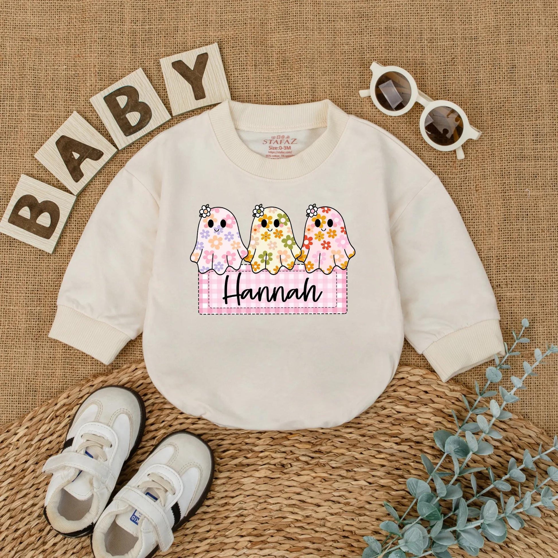 Personalized Baby Girl Halloween Ghost Romper Custom Name Cute Floral Boo Outfit Fall Bodysuit First Halloween Baby Gift