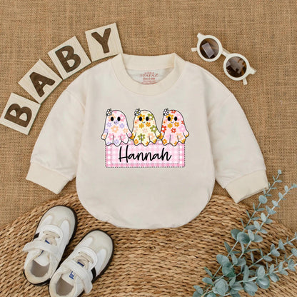 Personalized Baby Girl Halloween Ghost Romper Custom Name Cute Floral Boo Outfit Fall Bodysuit First Halloween Baby Gift