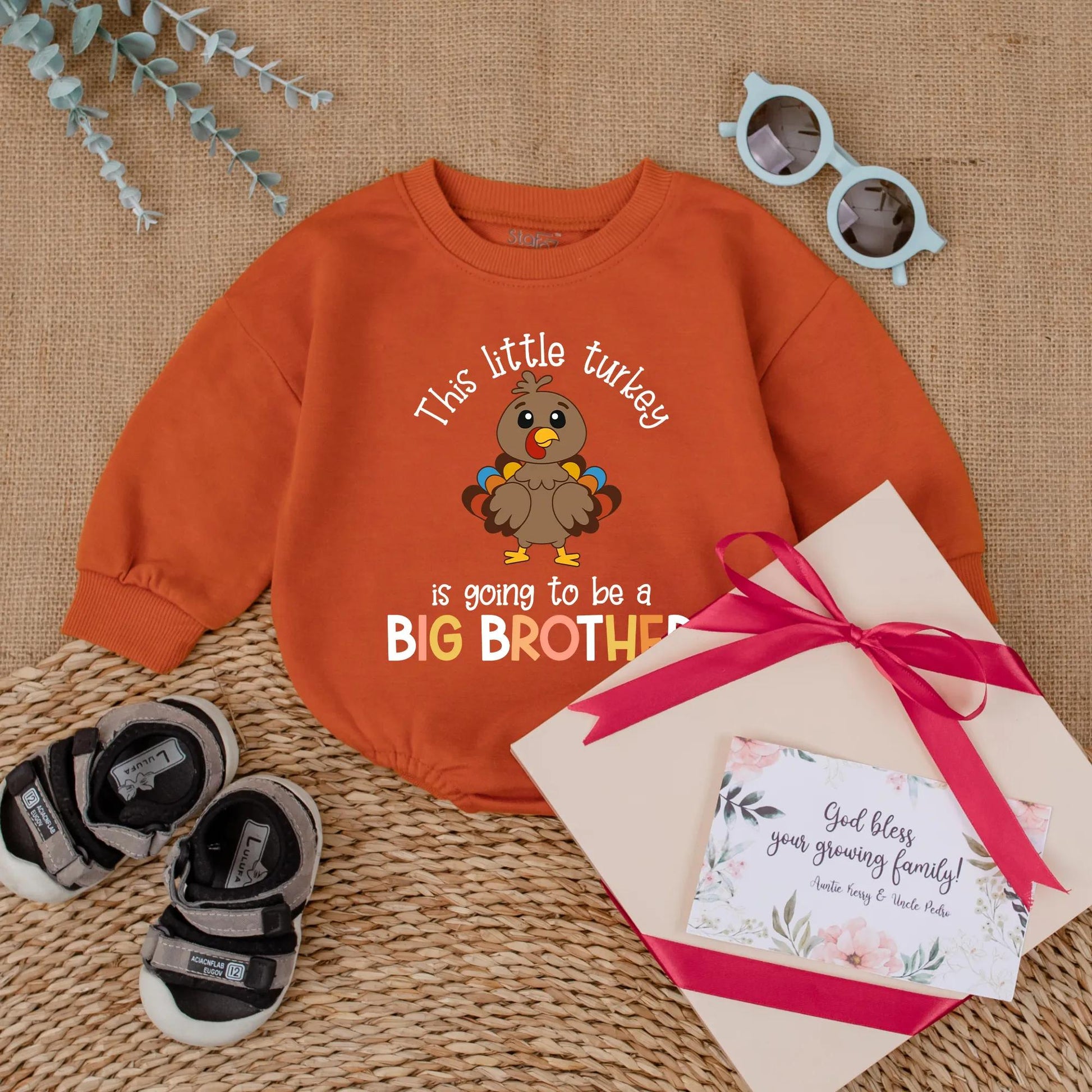 This Little Turkey Is Going To Be A Big Brother Baby Romper, a charming Thanksgiving pregnancy announcement outfit made with soft cotton for fall reveal.