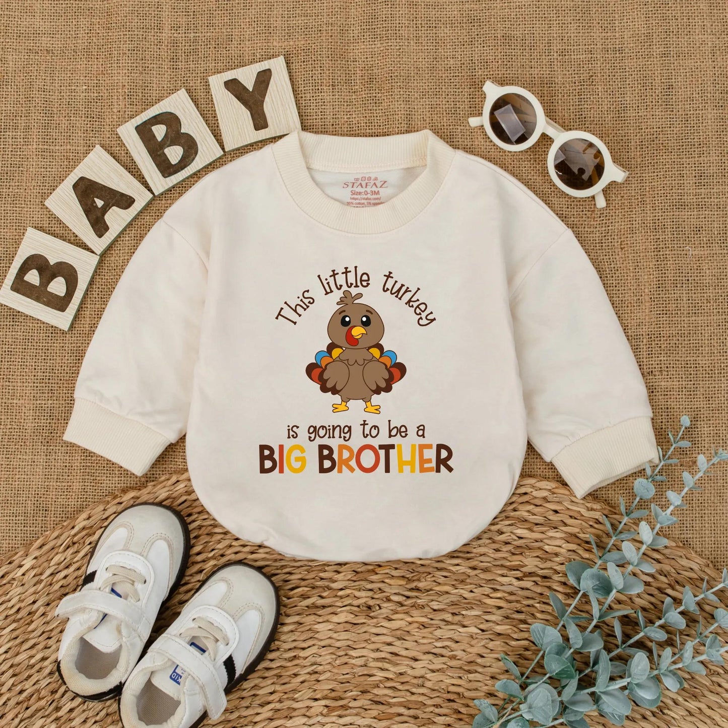 This Little Turkey Is Going To Be A Big Brother Baby Romper, a charming Thanksgiving pregnancy announcement outfit made with soft cotton for fall reveal.