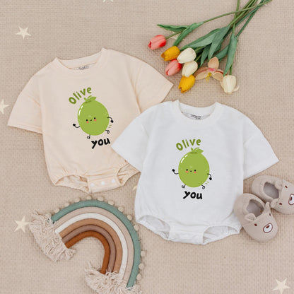 Cute Olive You Baby Romper Minimalist Cartoon Olive with Smiley Face Baby Shower Gift Organic Cotton Newborn Outfit Gender Neutral