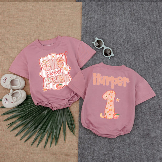 Sweet Little Peach Bubble Romper Baby Girl Outfit Custom Peach First Birthday Baby Shower Gift Adorable Peachy Design