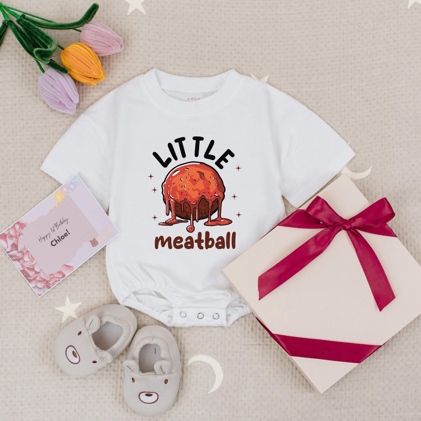 Little Meatball Baby Romper Cute Italian Food Pun Bodysuit Newborn Gift, Funny Infant Clothes, Baby Shower Announcement Outfit