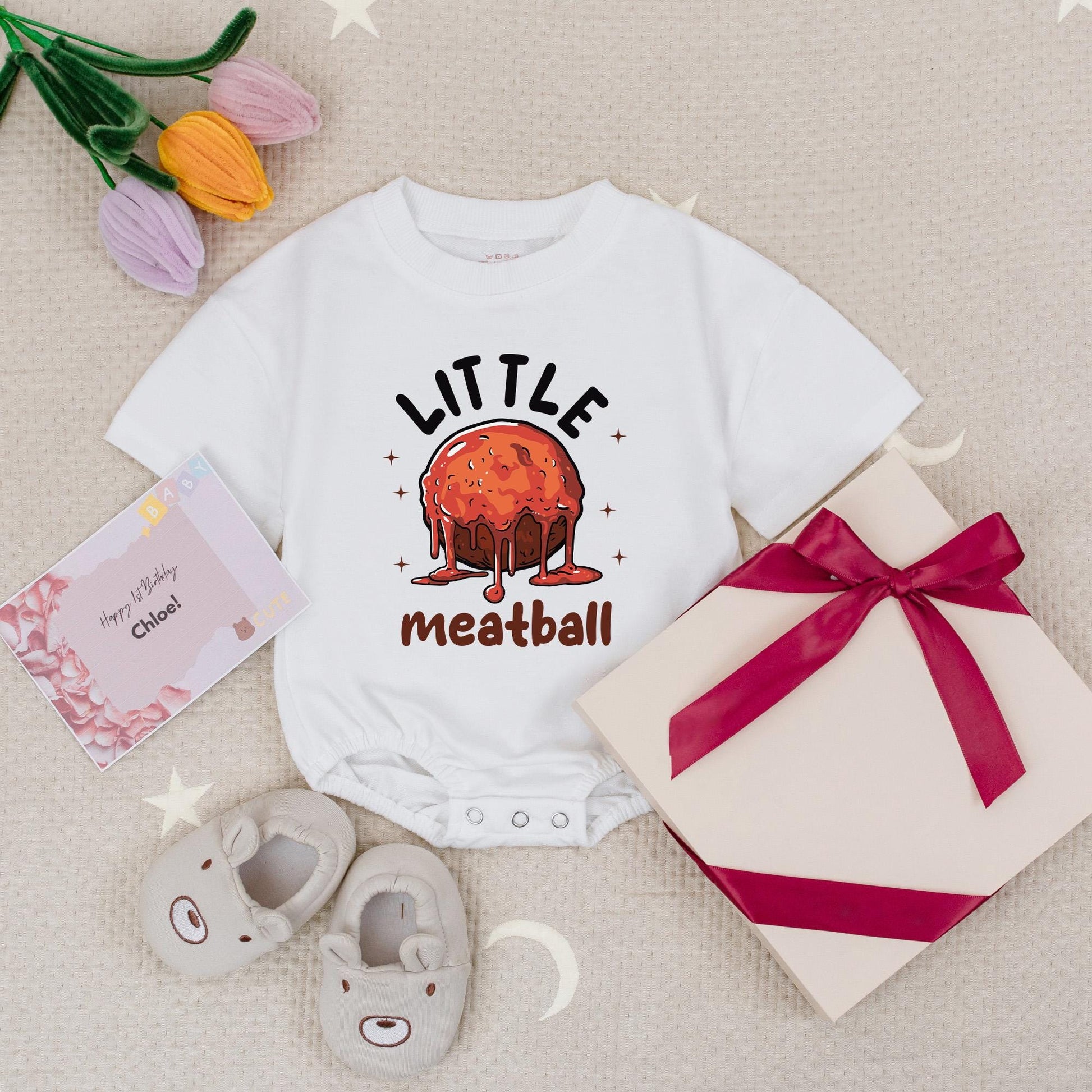 Little Meatball Baby Romper Cute Italian Food Pun Bodysuit Newborn Gift, Funny Infant Clothes, Baby Shower Announcement Outfit