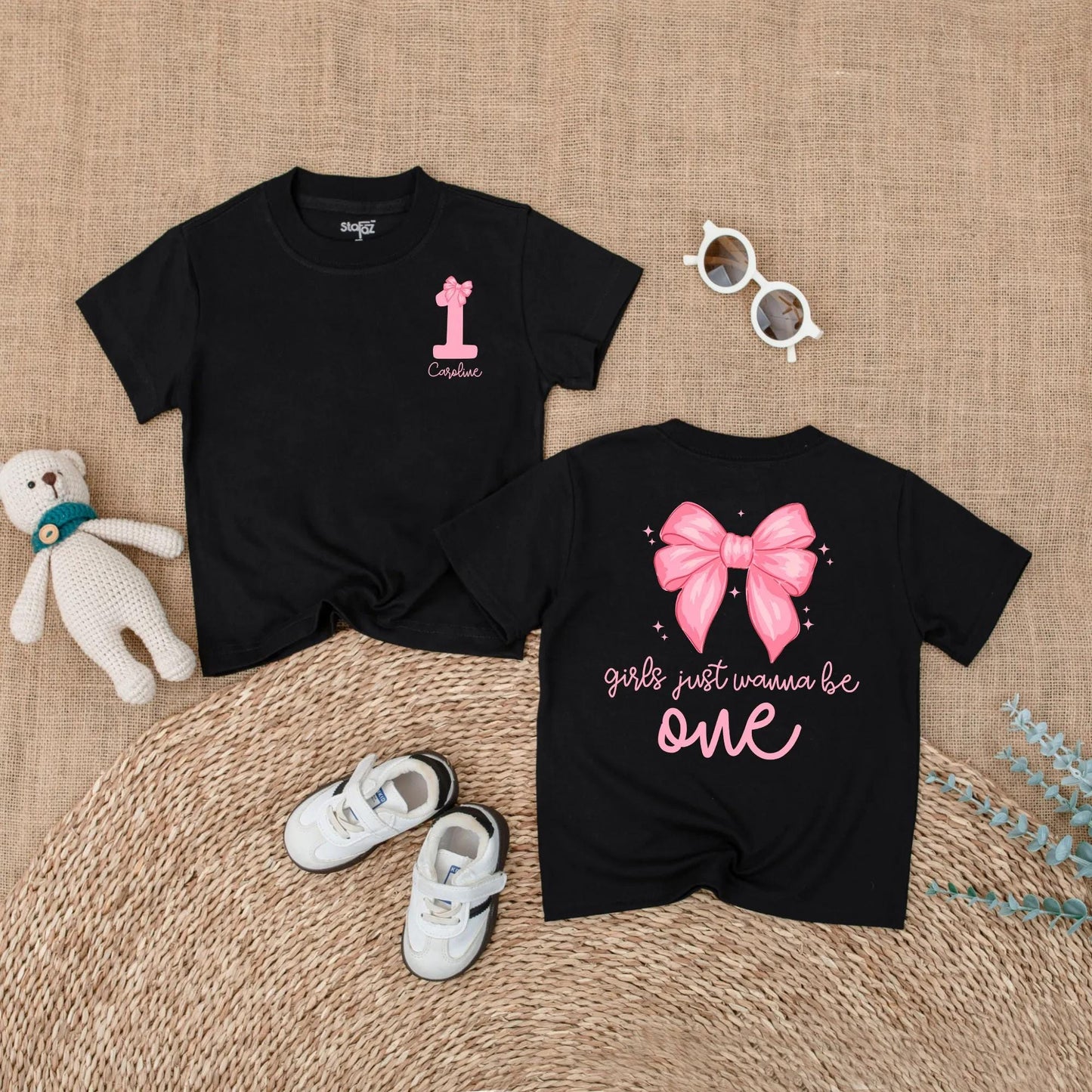 Personalized 1st Birthday Girl Romper, 'Caroline' & Pink Bow, Custom Baby Girl Bodysuit, 'Girls Just Wanna Be One' Outfit, 1 Year Gift
