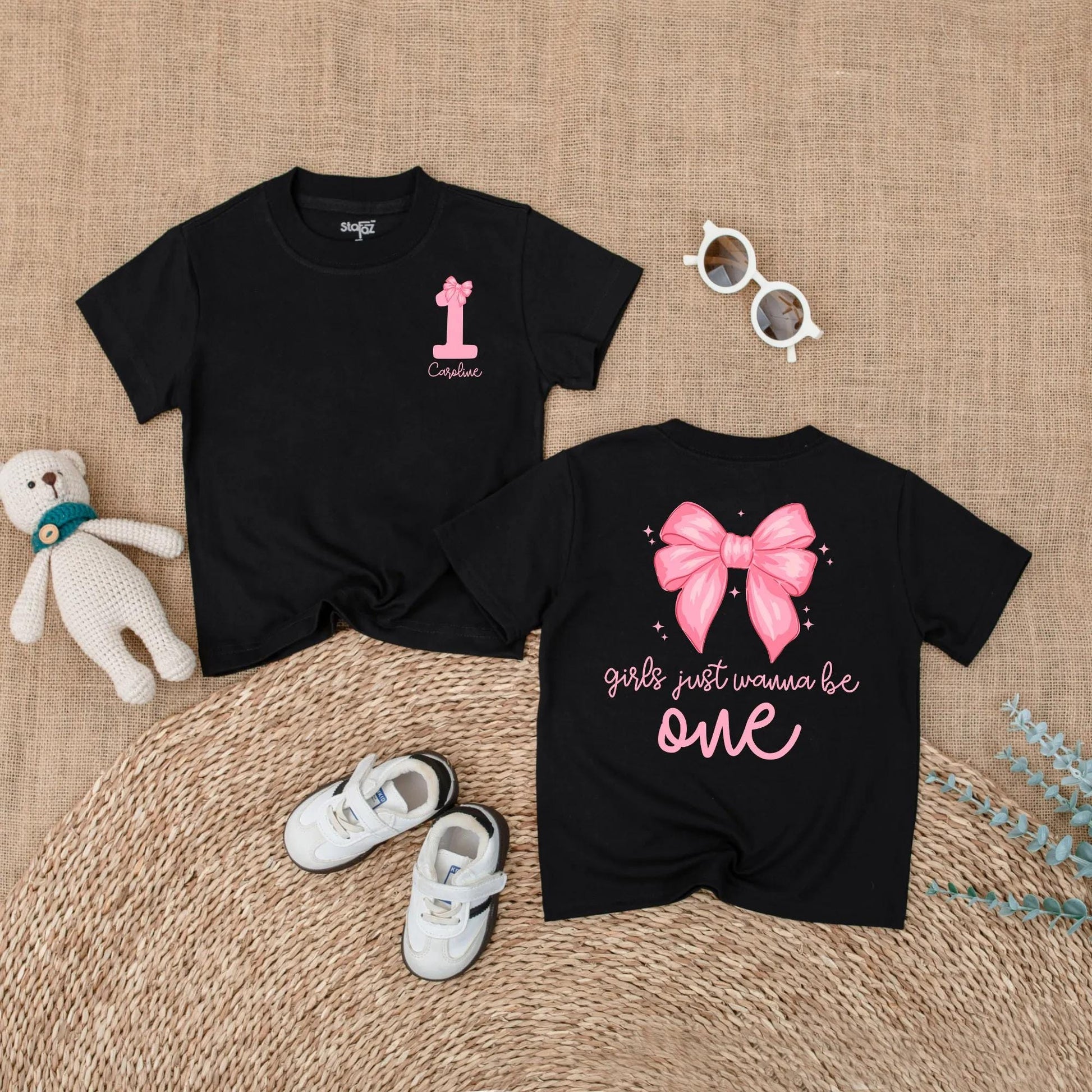 Personalized 1st Birthday Girl Romper, 'Caroline' & Pink Bow, Custom Baby Girl Bodysuit, 'Girls Just Wanna Be One' Outfit, 1 Year Gift