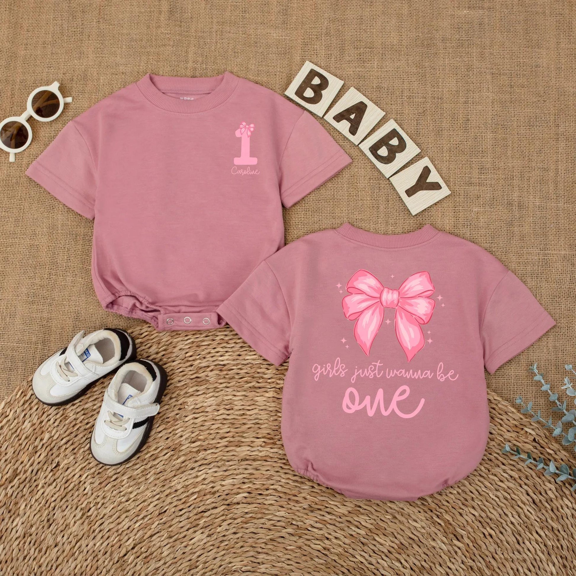 Personalized 1st Birthday Girl Romper, 'Caroline' & Pink Bow, Custom Baby Girl Bodysuit, 'Girls Just Wanna Be One' Outfit, 1 Year Gift