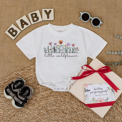 Little Wildflower Baby Romper, Boho Floral Girl Outfit, Soft Summer Bodysuit, "Little Wildflower" Script, Whimsical Baby Shower Gift, Comfortable 138