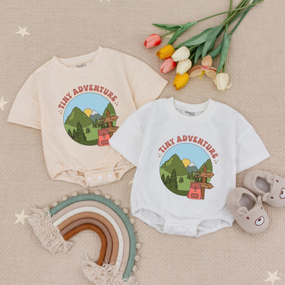 Tiny Adventure Baby Romper Nature Scene with Mountains Pine Trees Sun Snow Cap & Backpack