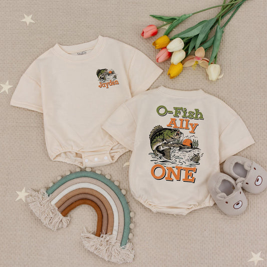 Personalized O-Fish-Ally One Romper: Vintage Fishing First Birthday Outfit, Custom Name Baby Bodysuit, The Big One Clothes, Sunset Scene 1st Birthday 