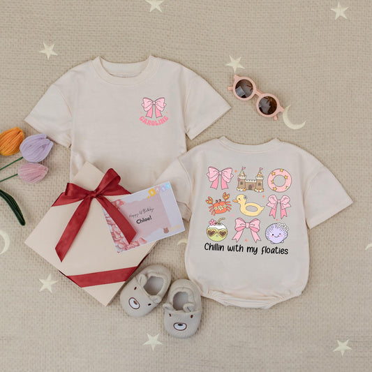Groovy Summer Baby Romper: Chillin' with My Floaties! Pink Bow, Retro Beach Outfit & Cartoon Fun, Personalized Short Sleeve Romper, Ocean Baby Shower Gift 